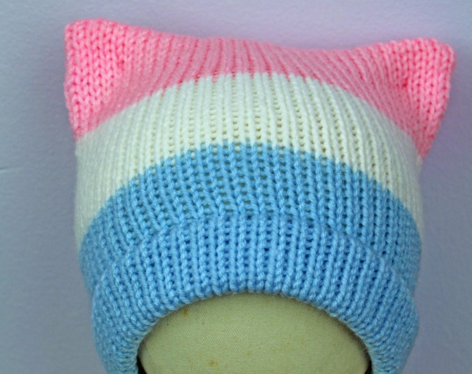 Trans Pride Beanie ! Pussy Cat Kitten Hat Pink Ear Hat Humans Rights Pride Protest Trump #Metoo Women's March