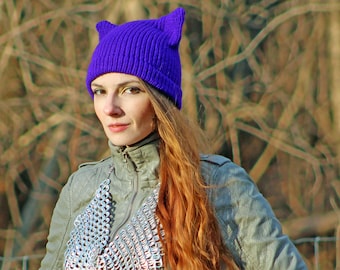 Pussy Hat! Cat Kitten Hat Purple Ear Hat Women's Rights March on Washington. Gay Pride Beanie Protest Political Liberal Hat
