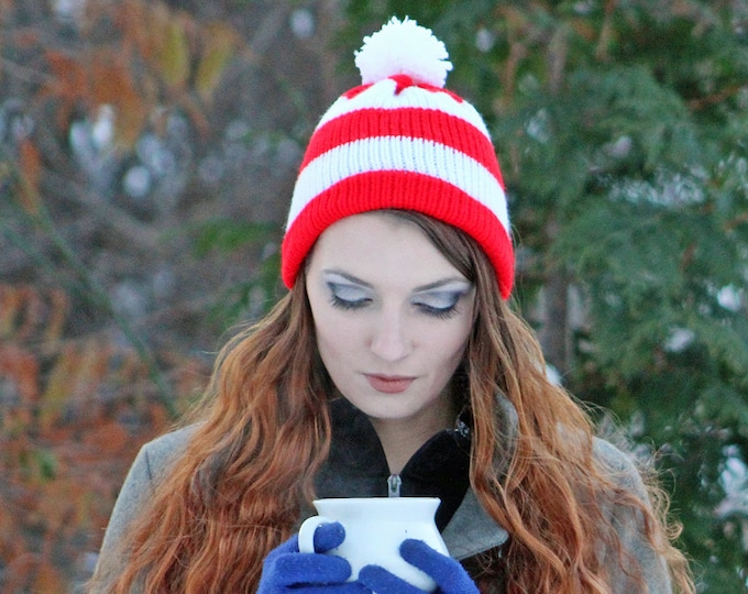 Peppermint Waldo Pom Hat  Cap  Beanie  Red and White Striped  Winter Christmas Gift Ready to Ship