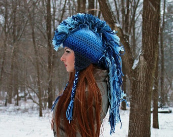 Blue Ombre Mohawk Hat Extreme Style boyfriend gift Warm Winter Trapper Girlfriend Present