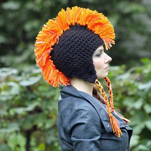 Black and Orange Mohawk Earflap Hat One of a Kind Crochet Handmade Boyfriend Gift image 2