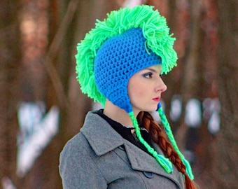 Crochet Mohawk Earflap Hat: Blue & Green Funky Winter Beanie
