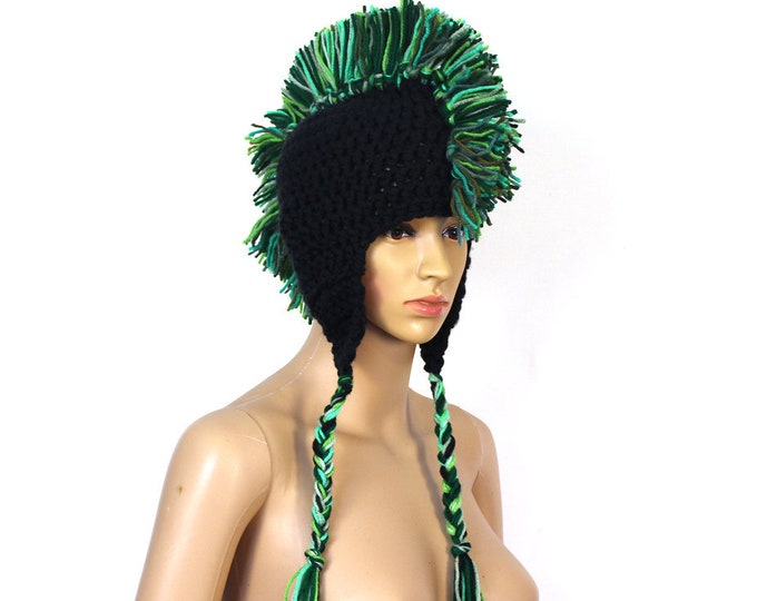 Green and Black Mohawk  Ear Flap Hat Handmade Christmas One of a Kind Boyfriend Gift Ready to ship