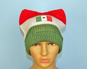 Mexican Flag Pussy Hat! Cat Kitten Ear Hat Gift Women's Rights March on Washington Protest Resist Trump Anti War White Red Green Toque