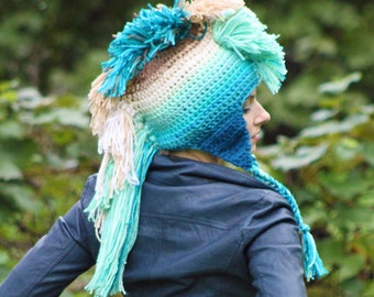 Mermaid Mohawk Blue Teal and Beige  Hat Earthy Spirit Lake Inspired Tones Ombre EarFlap Inspired by the water of Devil's Lake color Gradient