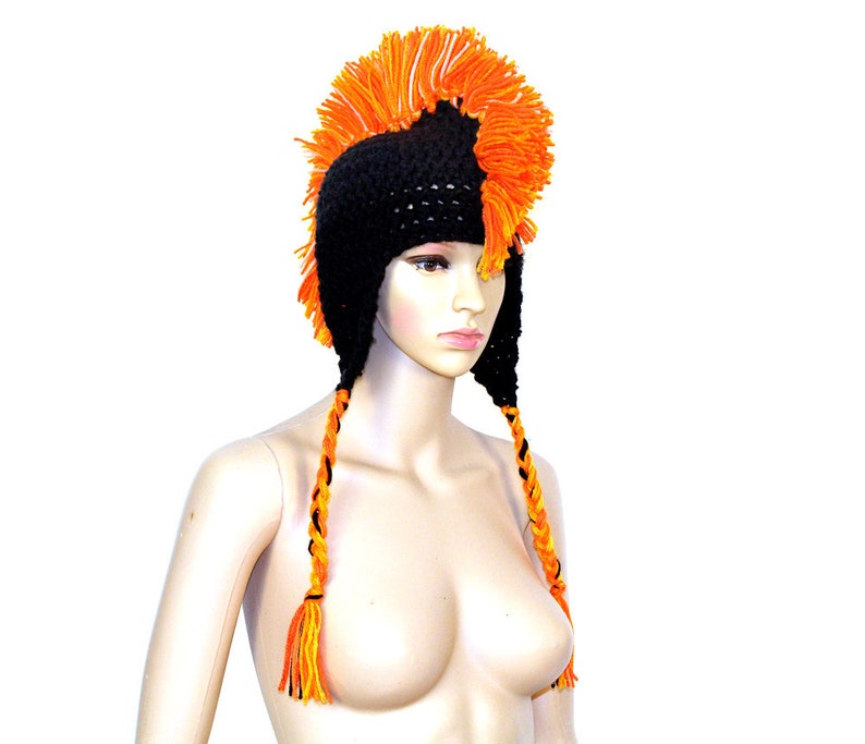 Black and Orange Mohawk Earflap Hat One of a Kind Crochet Handmade Boyfriend Gift image 6