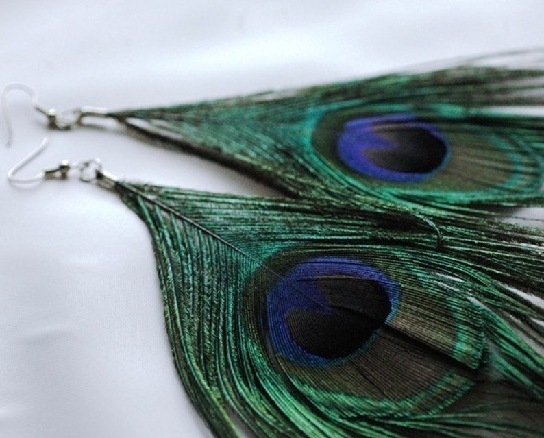 Natural Peacock Feather Earrings Long Flowing Boho Chic Hippie Gift Idea image 5