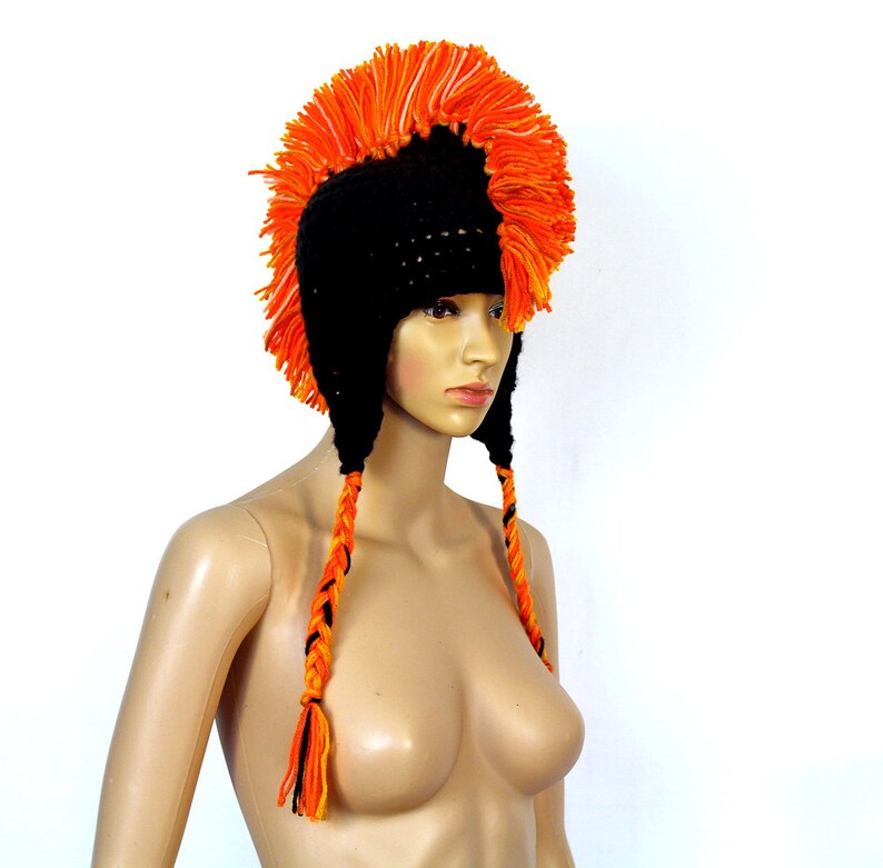 Black and Orange Mohawk Earflap Hat One of a Kind Crochet Handmade Boyfriend Gift image 10