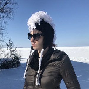 Handmade Crochet Mohawk Earflap Hat: Black Winter Beanie
