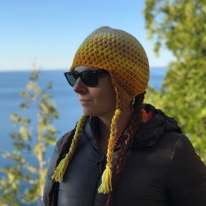 Yellow Ombre Fade Ear Flap Hat One of a kind Color Gradient Handmade Crochet Gift image 6