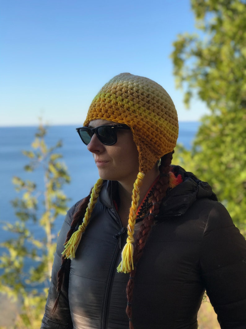 Yellow Ombre Fade Ear Flap Hat One of a kind Color Gradient Handmade Crochet Gift image 6