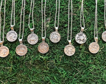 Zodiac Sign Necklace Double Sided in Silver Colored Metal on Single 18 inch Chain