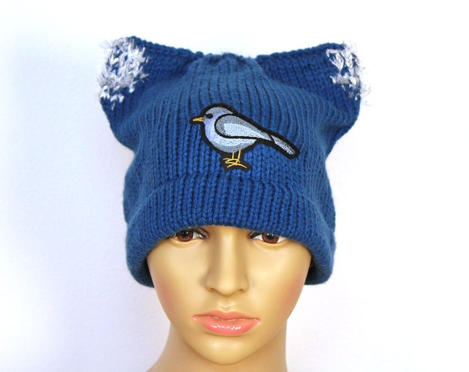 Birdy (Bernie) Sanders Pussy Hat Cat Kitten Knit  Winter Protest Cap Ear Slouchy Toque Women's Rights March  feel the bern