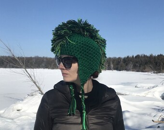 Green Mohawk Ear Flap Warm Ski Hat Handmade Crochet Boyfriend Gift Statement Knits