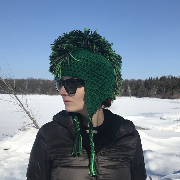 Green Mohawk Ear Flap Warm Ski Hat Handmade Crochet Boyfriend Gift Statement Knits