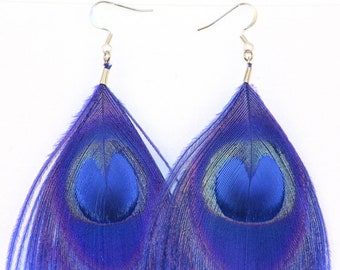 Blue Peacock Feather Earrings Boho Chic Jewelry Ready to ship Gift