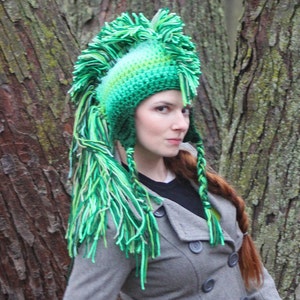 Green Mohawk Earflap Hat Ombre Tones Extreme Long Faux Hair Gradient Color Trapper Unisex Handmade Christmas Gift Statement Adult image 9