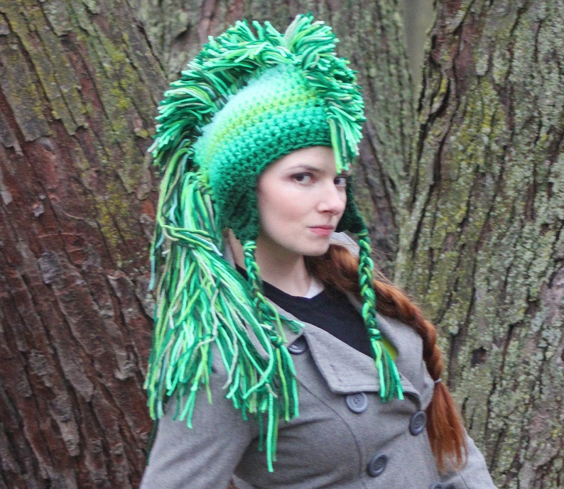 Green Mohawk Earflap Hat Ombre Tones Extreme Long Faux Hair Gradient Color Trapper Unisex Handmade Christmas Gift Statement Adult image 9