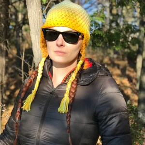 Yellow Ombre Fade Ear Flap Hat One of a kind Color Gradient Handmade Crochet Gift image 4