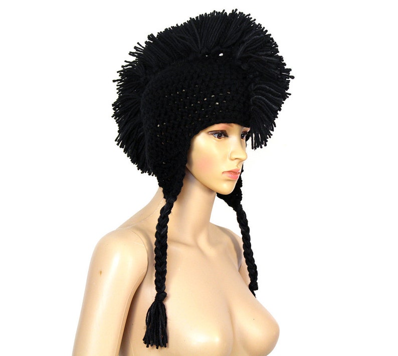 Black Mohawk Ear Flap Hat Handmade Accessory Crochet One of a Kind Gift 