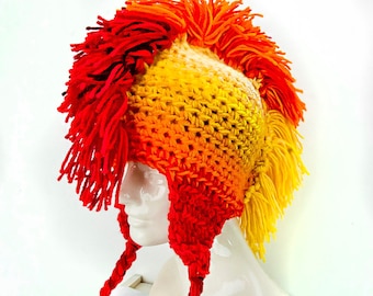 Sun Burst Yellow Orange and Red Fade Mohawk Ear Flap Hat Handmade Christmas Boyfriend Gift Prêt à expédier Trapper Cap Toque