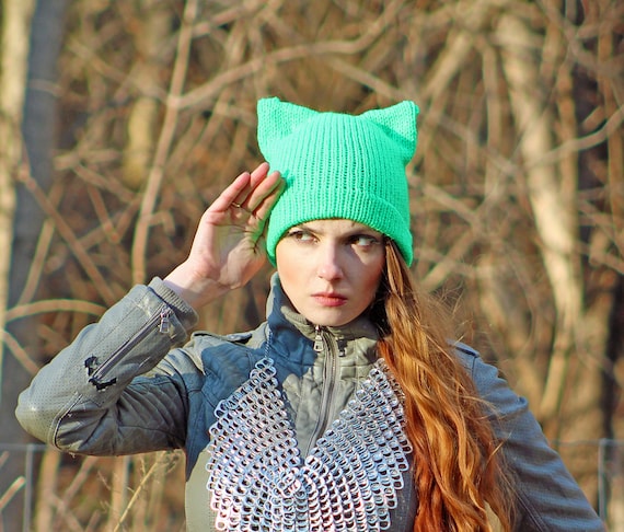 Cozy Cat Knit Beanie Warm Winter Hat Handcrafted Green Rainbow Womens One Size Rainbow Pride Pussy Hat: Knit LGBTQ Cat Ear Slouchy Cap - Etsy main image 4