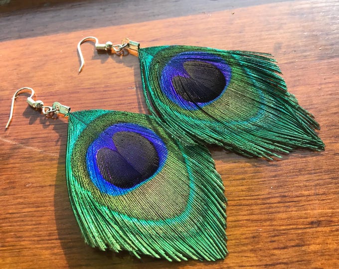 Peacock Feather Earrings Trimmed Boho Chic Style