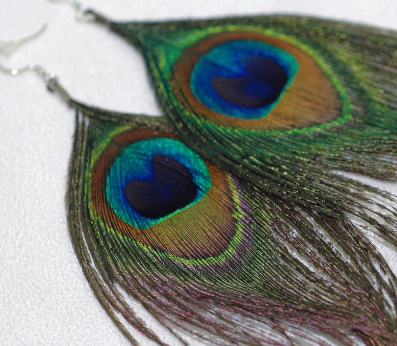 Natural Peacock Feather Earrings Long Flowing Boho Chic Hippie Gift Idea image 3