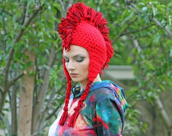 Red Mohawk Hat Crochet Ear Flap Handmade Unisex Gift For Her Or Him Raver Punk Rock Beanie Novelty Cap