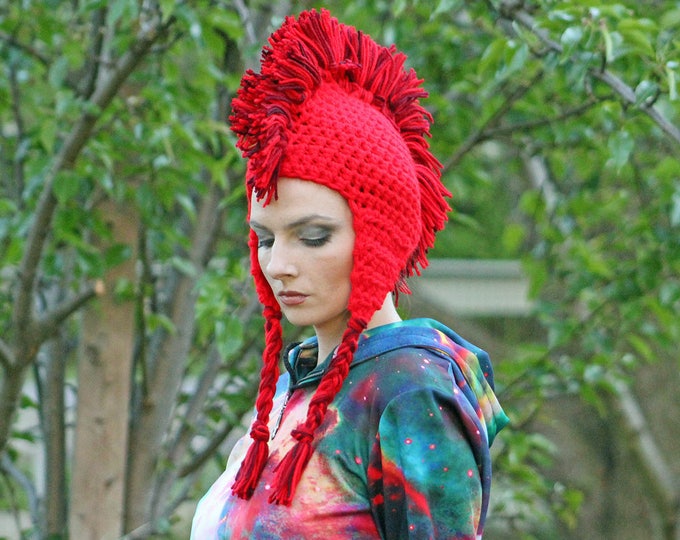 Red Mohawk Hat Crochet Ear Flap Handmade Unisex Gift For Her Or Him Raver Punk Rock Beanie Novelty Cap