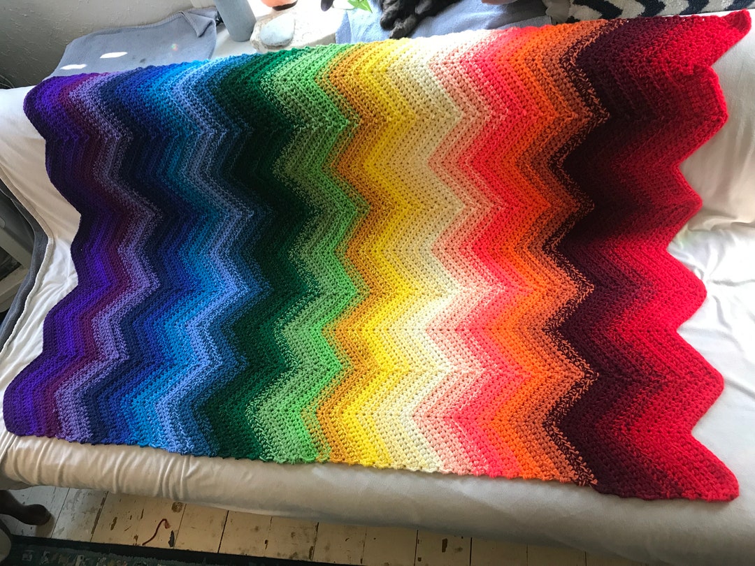 Rainbow Wave Chevron Knit Throw Twin Size Blanket Ombre Etsy