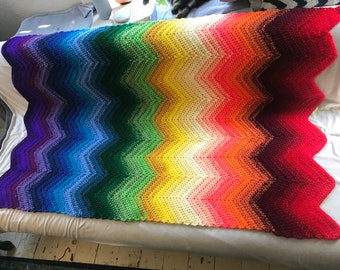 Rainbow Wave Chevron Knit Throw Twin Size Blanket Ombre Gradient Knit Crochet Handmade Gift for the Sofa Her Him Home Decor