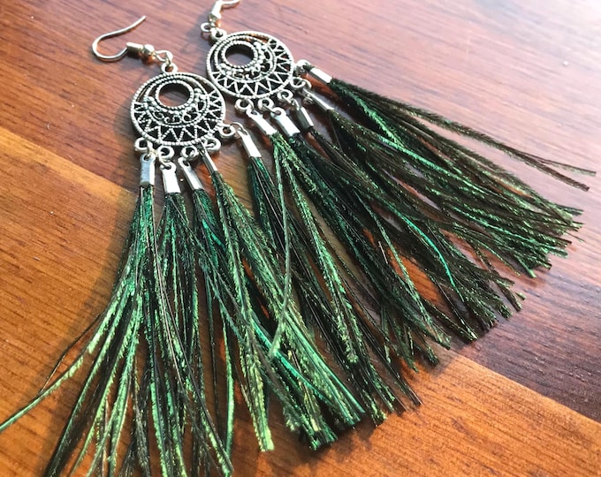 Peacock Feather Earrings Celtic Circle Drop Dangle Statement Earrings Handmade Gift Ready to Ship