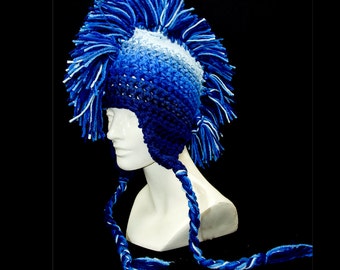 Handmade Blue Ombre Crochet Mohawk Hat with Ear Flaps