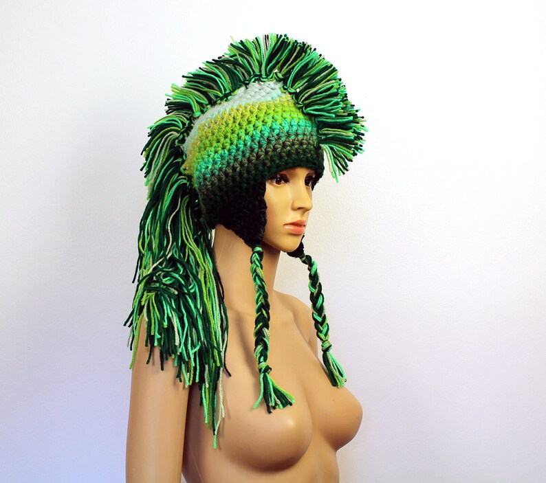 Green Mohawk Earflap Hat Ombre Tones Extreme Long Faux Hair Gradient Color Trapper Unisex Handmade Christmas Gift Statement Adult image 10