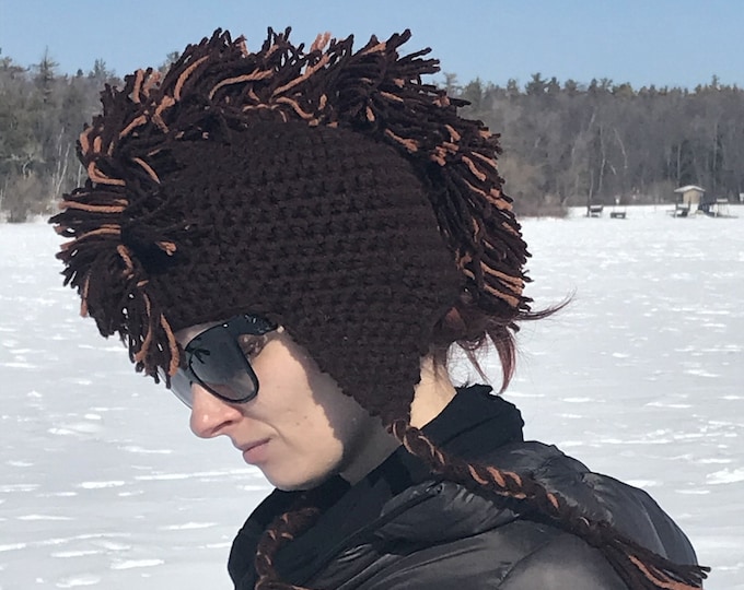 Brown Mohawk Earflap Hat Crochet Handmade Boyfriend Gift