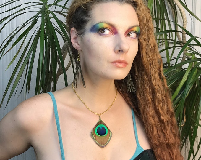 Peacock Feather Necklace  Trimmed Pendant on Chain One of a Kind Handmade Girlfriend Gift