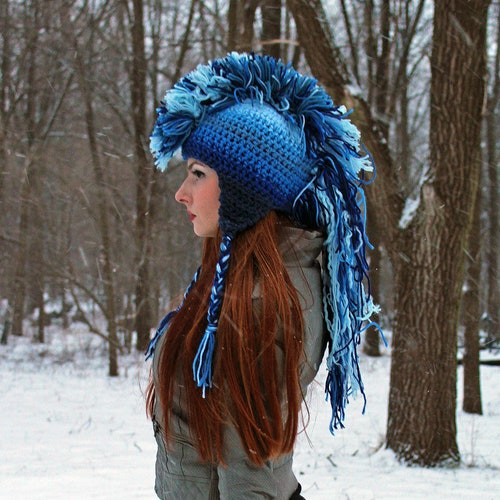 Blue Ombre Mohawk Hat Extreme Style Boyfriend Gift Warm 