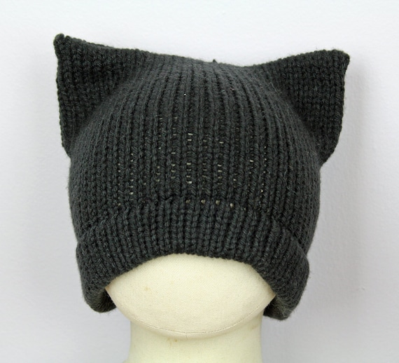 Black Knit Pussy Hat: Slouchy Cat Ear Beanie - Women display picture 2
