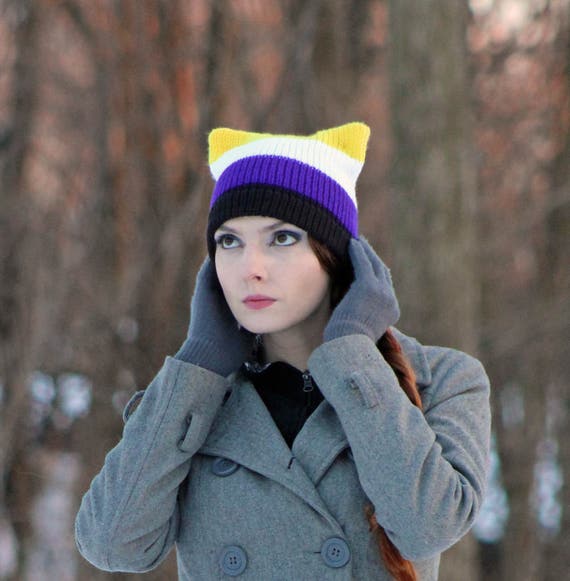 Non-Binary Pride Pussy Hat: Striped Cat Ears, LGBTQ Protest Knit