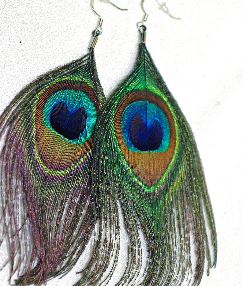 Natural Peacock Feather Earrings Long Flowing Boho Chic Hippie Gift Idea image 1