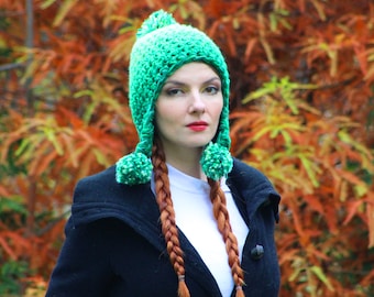 Green Crochet Pom Pom Hat: Elven Pixie Earflap Beanie
