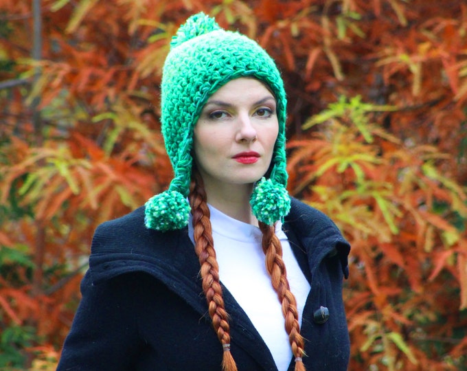 Green Pom Hat Pixie Elven Earflap  Ombre Beanie Hat Crochet Handmade Gift for Him or Her