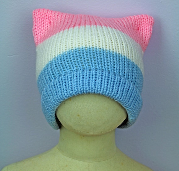 Trans Pride Knit Beanie: Pink & Blue Kitten Ear Hat