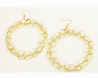 Gold Crochet Hoop Circle Wire Earrings