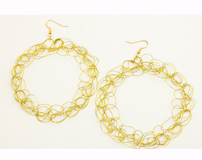 Gold Crochet Hoop Circle Wire Earrings