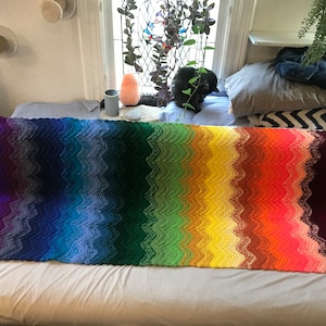 Rainbow Crochet Throw Blanket: Chevron Wave Ombre Knit, Handmade Tapestry
