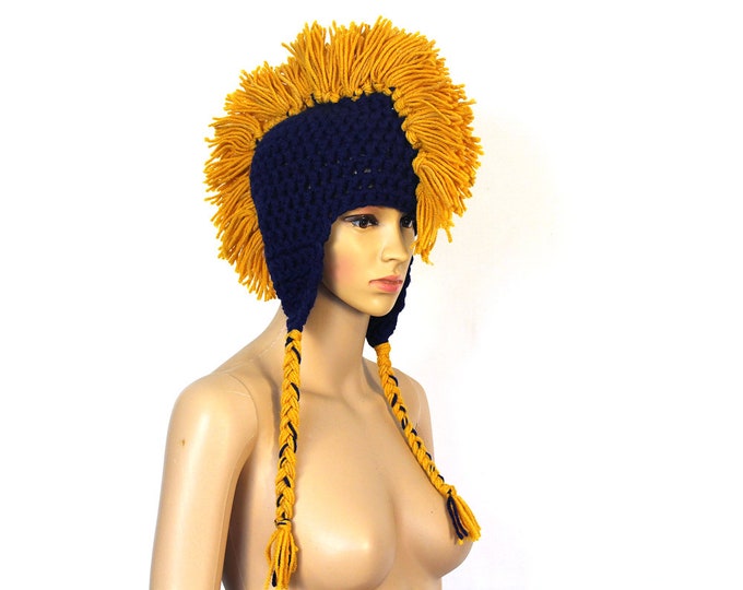 Navy Blue and Gold Mohawk Ear Flap Hat Crochet Handmade Boyfriend Gift