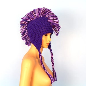 Purple Mohawk Earflap Hat with Tassels And Faux Hair Ready to Ship Gift for Teens Girls and Women