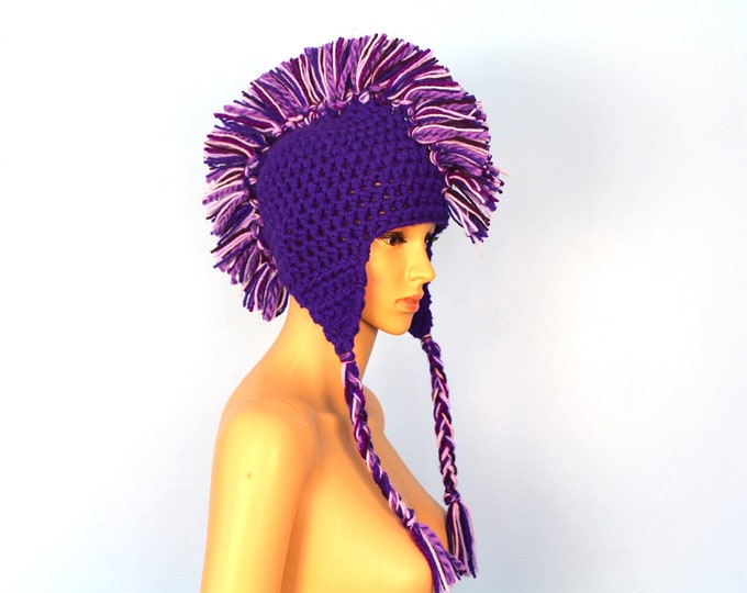 Purple Mohawk Earflap Hat with Tassels And Faux Hair Ready to Ship Gift for Teens Girls and Women